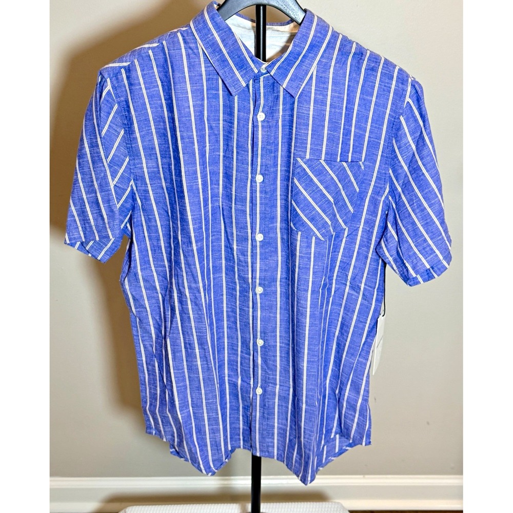 paperdenim&cloth Men’s L Blue Stripe Cotton Woven Short Sleeve Button-Up Pockets